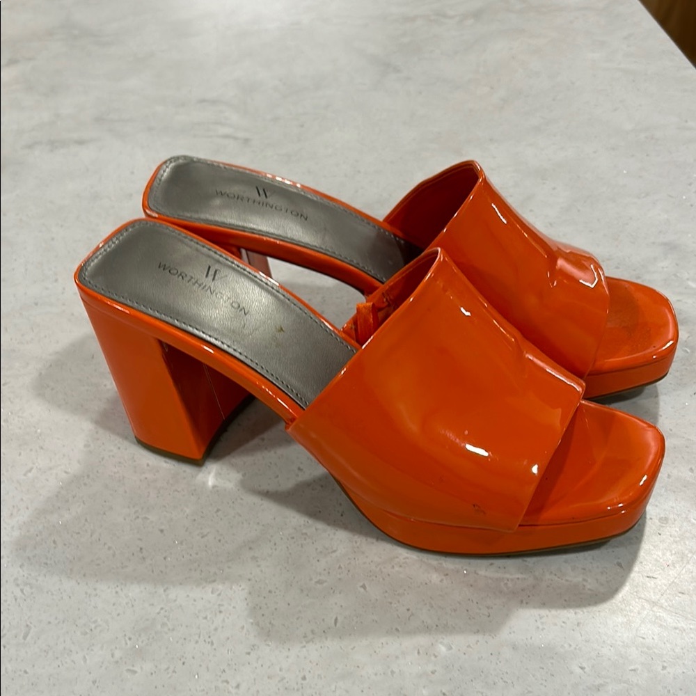 Worthington Orange Patent Block Heel Mules